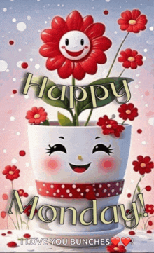 a happy monday greeting card with a flower in a pot