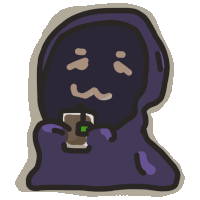 a cartoon drawing of a person with a hood holding a drink