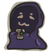 a cartoon drawing of a person with a hood holding a drink