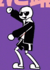 a cartoon character is dancing in front of a purple background