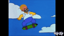 a cartoon of homer simpson riding a skateboard in the clouds