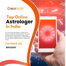 an advertisement for top online astrologer in india shows a person holding a cell phone