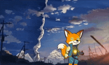 a cartoon fox is standing in front of a blue sky with clouds