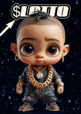 a baby with a gold chain around his neck is standing in front of a $ lotto sign