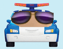 a cartoon police car is wearing sunglasses and a light on top of it .