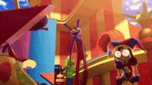 a cartoon drawing of a jester standing in front of a colorful background