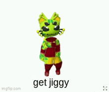 a green and yellow stuffed animal with the words get jiggy written on the bottom