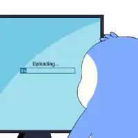a blue cartoon character is looking at a computer screen that says uploading 99 %