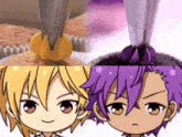 a cupcake with purple frosting is next to a picture of two anime characters
