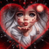 a little girl blowing a kiss in front of a heart shaped frame