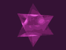 a purple triangle is floating in the air on a dark background .