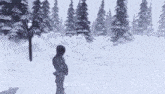 a man in a mask is holding a sword in the snow while a group of people are walking in the background .