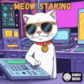 a cartoon of a cat wearing sunglasses and a collar with the words meow staking above it