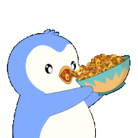 a penguin is eating cereal from a bowl