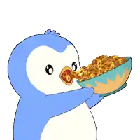 a penguin is eating cereal from a bowl
