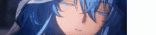 a close up of a person 's face with their eyes closed and blue hair .