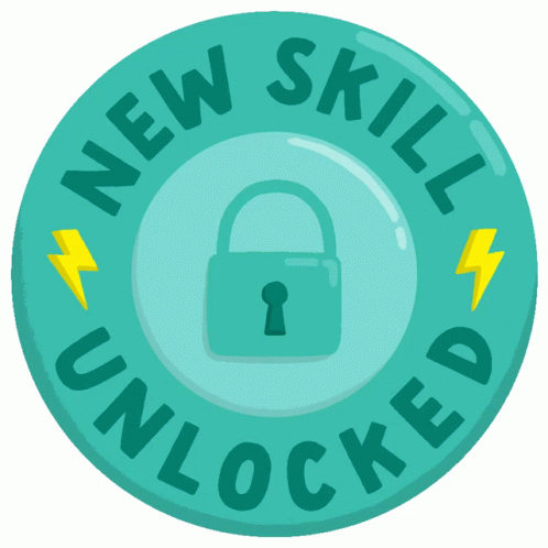 a round badge reading "new skill unlocked" with an open lock in the center and party confetti coming out and two lightning bolts on the sides