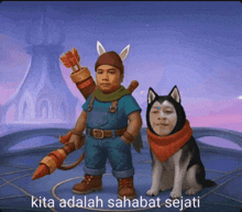 a picture of a man and a dog with the words kita adalah sahabat sejati