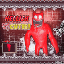 a picture of a red monster and the words hellish cutie