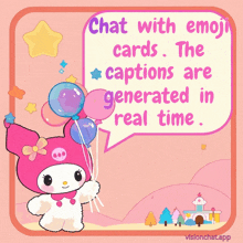 a pink hello kitty holding balloons with a speech bubble that says chat with emoji cards
