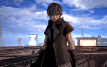 a character from a video game is standing on a balcony