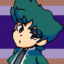 a cartoon of a boy with blue hair and a striped background