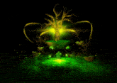 a tree with a lot of branches is surrounded by other trees and a green light