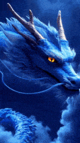 a blue dragon with yellow eyes and horns is flying through the clouds