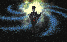 a pixelated image of a woman in a galaxy with a red x on her stomach
