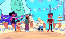 a group of cartoon characters standing around a table with awards