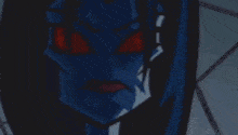 a cartoon of a woman with red eyes standing in front of a web .