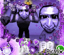 a picture with purple flowers and a picture of a man with two faces and the word picmix
