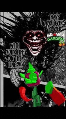 a black and white poster with a troll face and a green hand holding a flower .