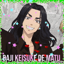 a picture of a man with long black hair and the name baju keisuke de matu