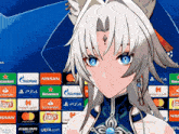 a girl with white hair and blue eyes stands in front of a display of advertisements including lays