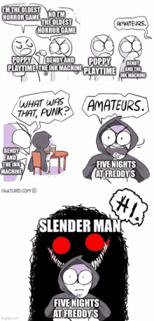 a cartoon of a slender man saying five nights at freddy 's is the oldest horror game