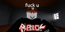 a roblox character is wearing a hat that says fuck u r