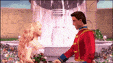 a princess and a prince are standing next to each other in front of a fountain