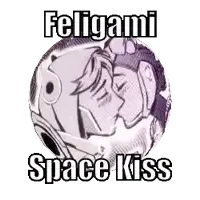 a picture of a man and woman kissing in a circle with the words feligami space kiss written on it .