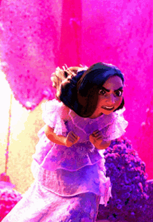 a cartoon girl in a purple dress is standing in front of a pink wall