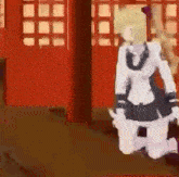 a cartoon character is standing in front of a red door in a room .