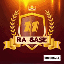 a logo for ra base with a crown and laurel wreath on a red background