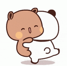 a brown bear is hugging a white bear .
