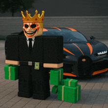 a roblox character with a crown on his head is holding stacks of money