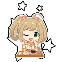 a cartoon girl is sitting at a table with a tray of food and drinks .