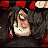 a cartoon drawing of a man with black hair and a red and black scarf