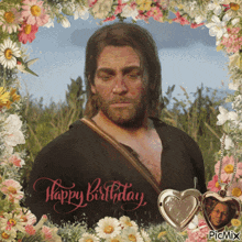a picture of a man in a field with the words happy birthday written on it
