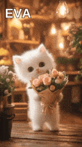 a white kitten is holding a bouquet of flowers with the name eva written above it