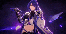 a girl with long blue hair is holding a sword in a dark room .