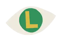 a white eye with a green circle with a yellow letter l inside of it